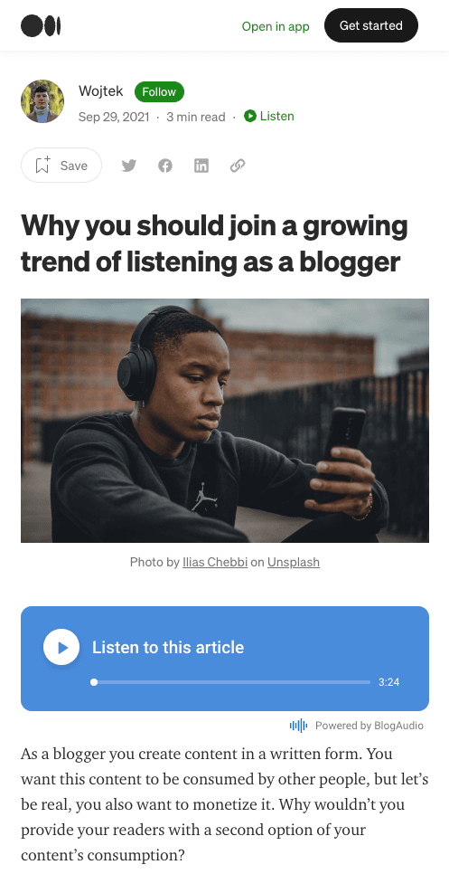 BlogAudio's player embeded in Medium article about BlogAudio.